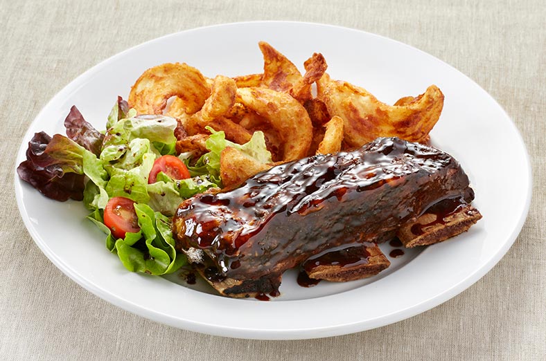 Beef ribs, salad and fries