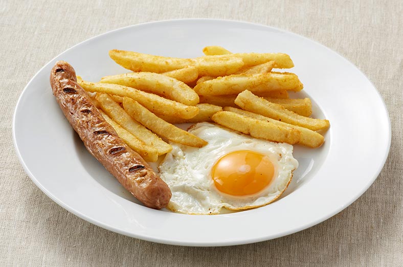 Sausage, fries, egg