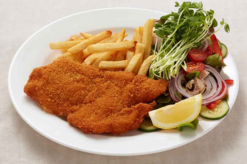 Schnitzel, fries, salad