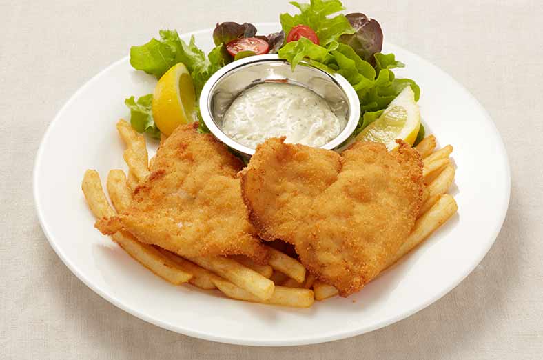 Fish, fries, salad